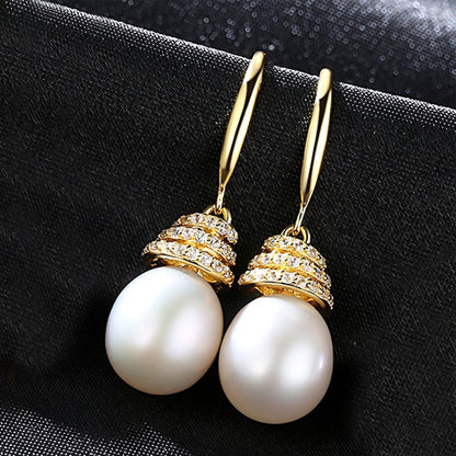 Screw CZ Waterdrop Natural Pearl 925 Silver Dangling Earrings