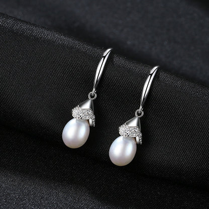 CZ Waterdrop Natural Pearl 925 Silver Dangling Earrings