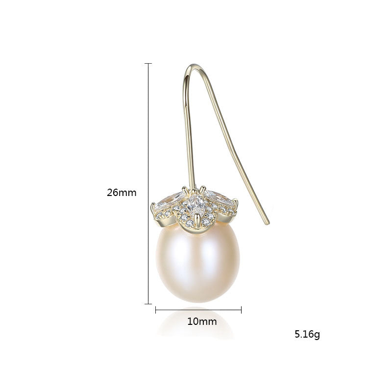 CZ Flower Natural Pearl 925 Silver Dangling Earrings