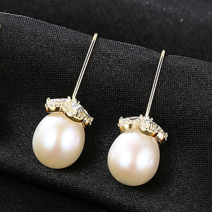 CZ Flower Natural Pearl 925 Silver Dangling Earrings