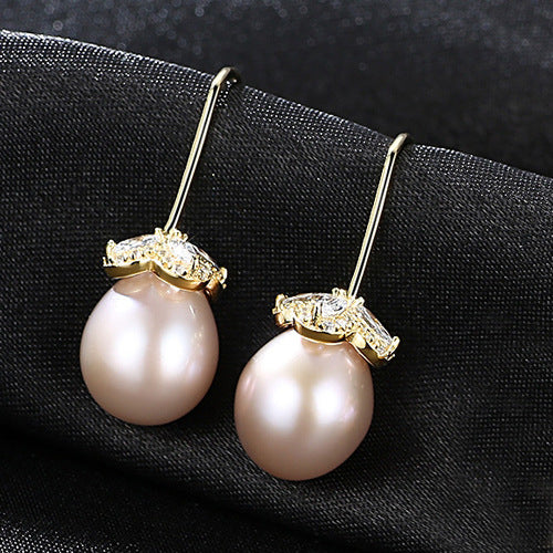 CZ Flower Natural Pearl 925 Silver Dangling Earrings