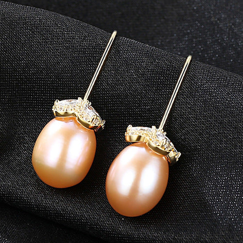 CZ Flower Natural Pearl 925 Silver Dangling Earrings