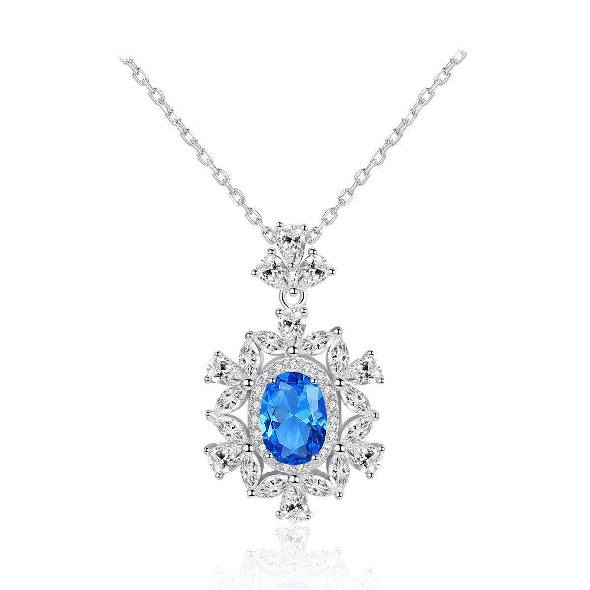 Elegant Oval Natural Treated Crystal Flower CZ 925 Sterling Silver Necklace