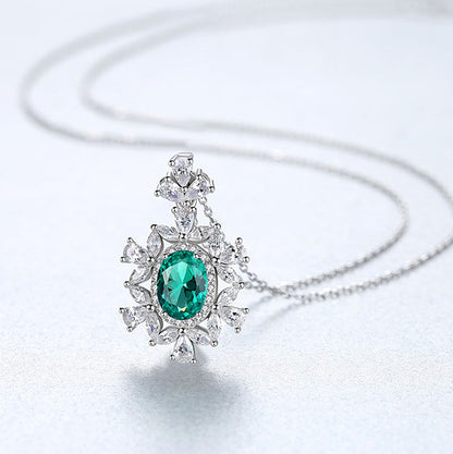 Elegant Oval Natural Treated Crystal Flower CZ 925 Sterling Silver Necklace