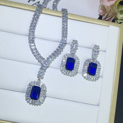 European And American Long Square Sapphire Blue Gemstone Pendant