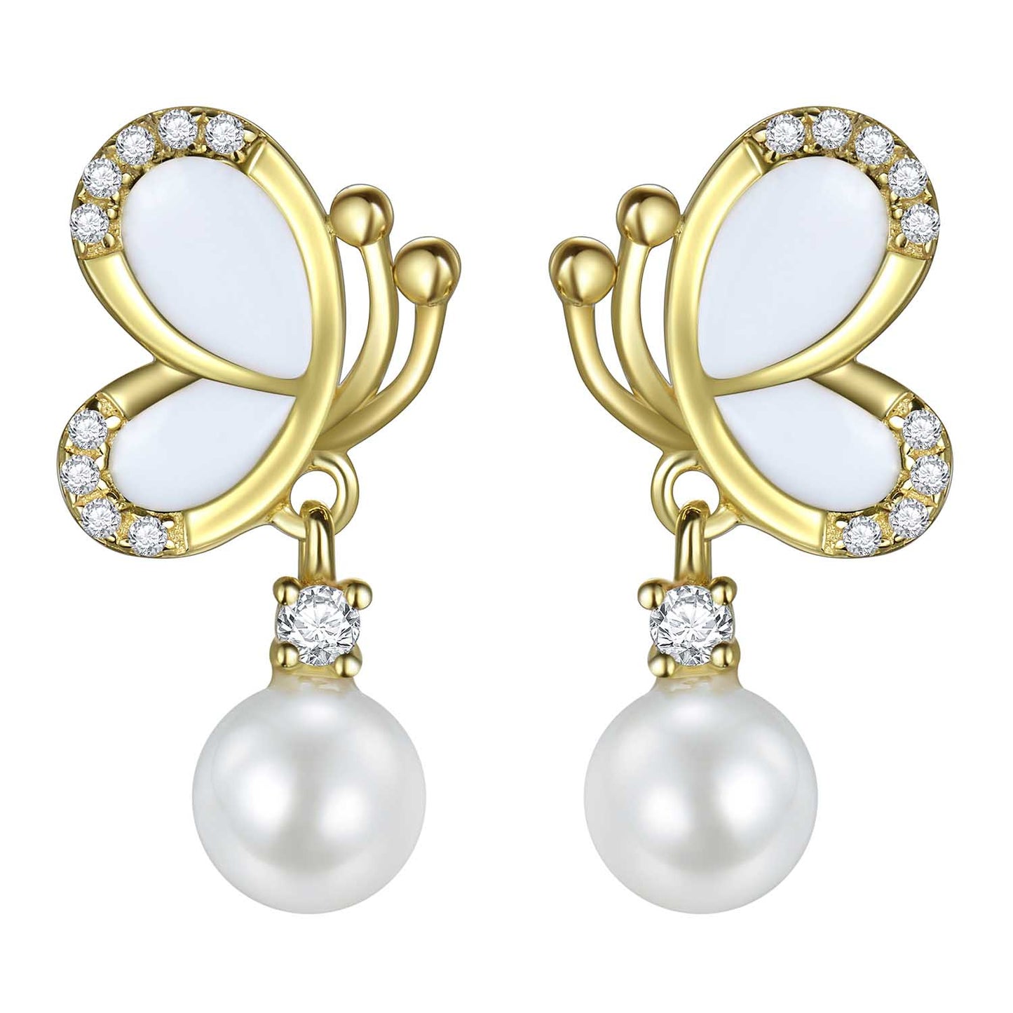 Fashion Butterfly White Shell Pearl CZ 925 Sterling Silver Dangle Earrings