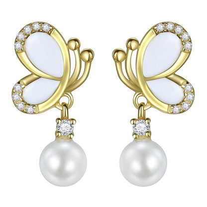 Fashion Butterfly White Shell Pearl CZ 925 Sterling Silver Dangle Earrings