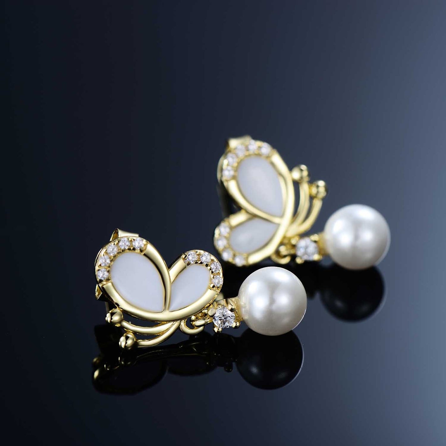 Fashion Butterfly White Shell Pearl CZ 925 Sterling Silver Dangle Earrings