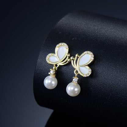 Fashion Butterfly White Shell Pearl CZ 925 Sterling Silver Dangle Earrings