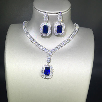 European And American Long Square Sapphire Blue Gemstone Pendant