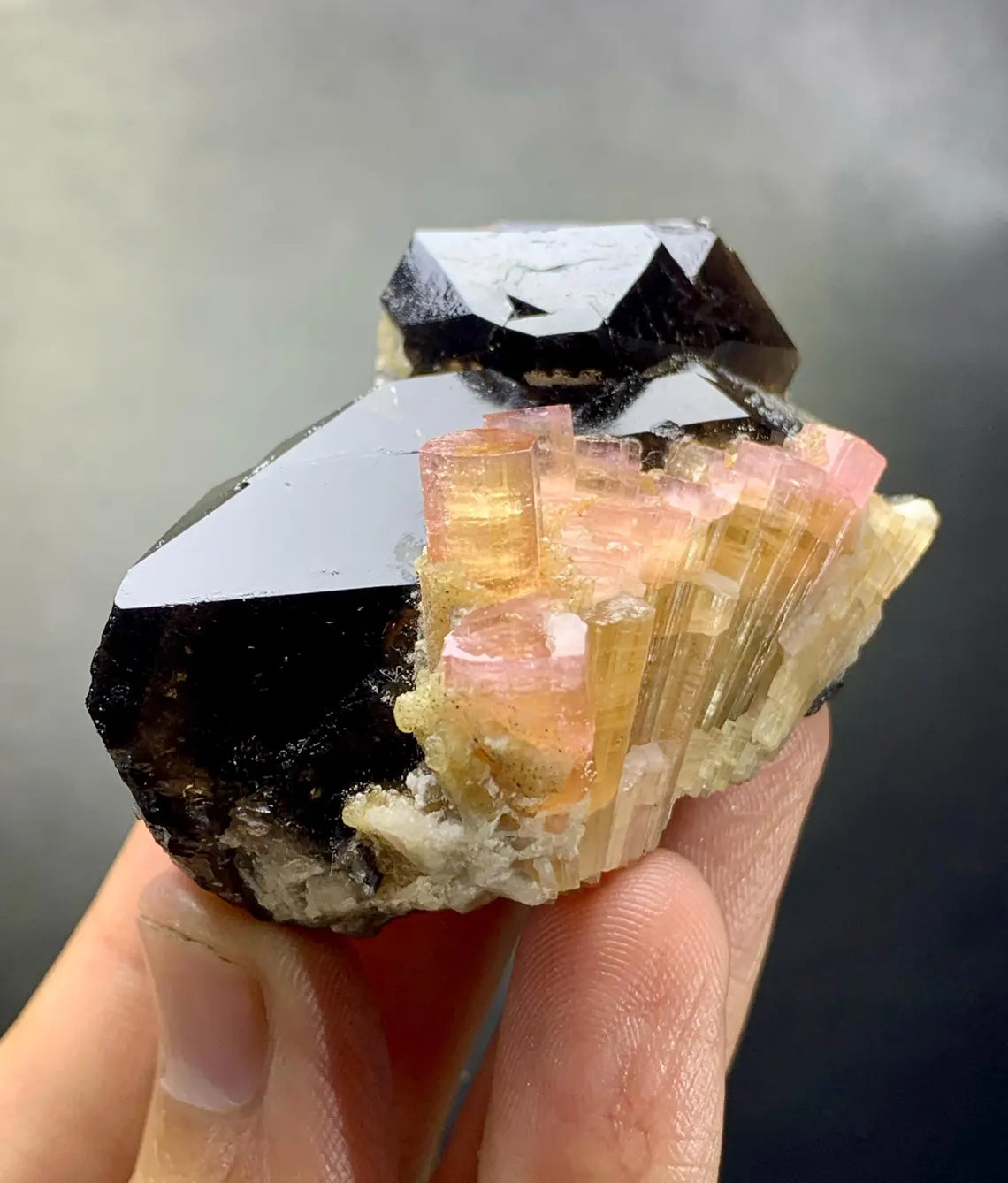 Orange Color Tourmaline Cluster on Smoky Quartz from Afghanistan - 81 grams