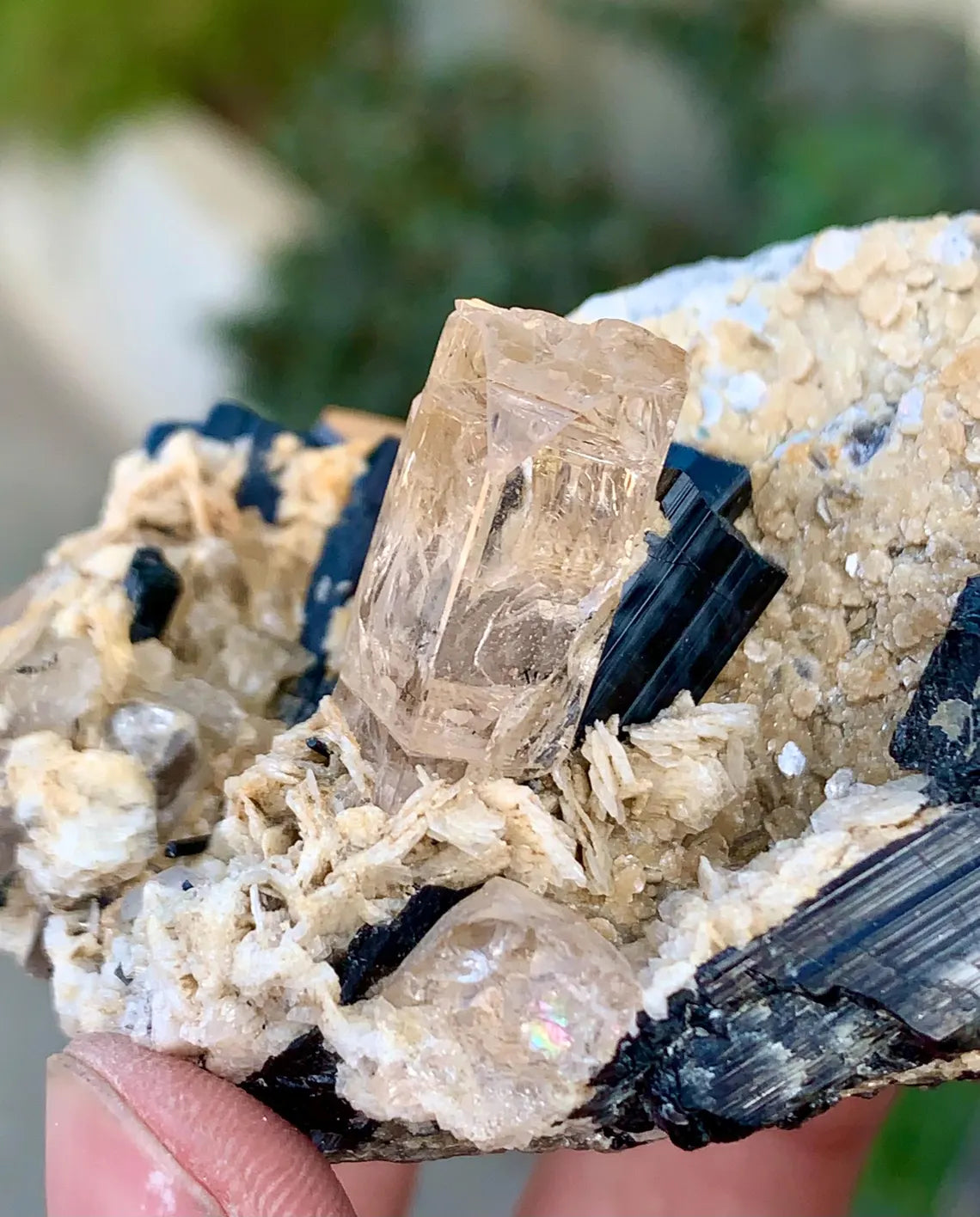 Sherry Color Topaz with Schorl Tourmalines, Quartz and Mica Specimen - 163 grams