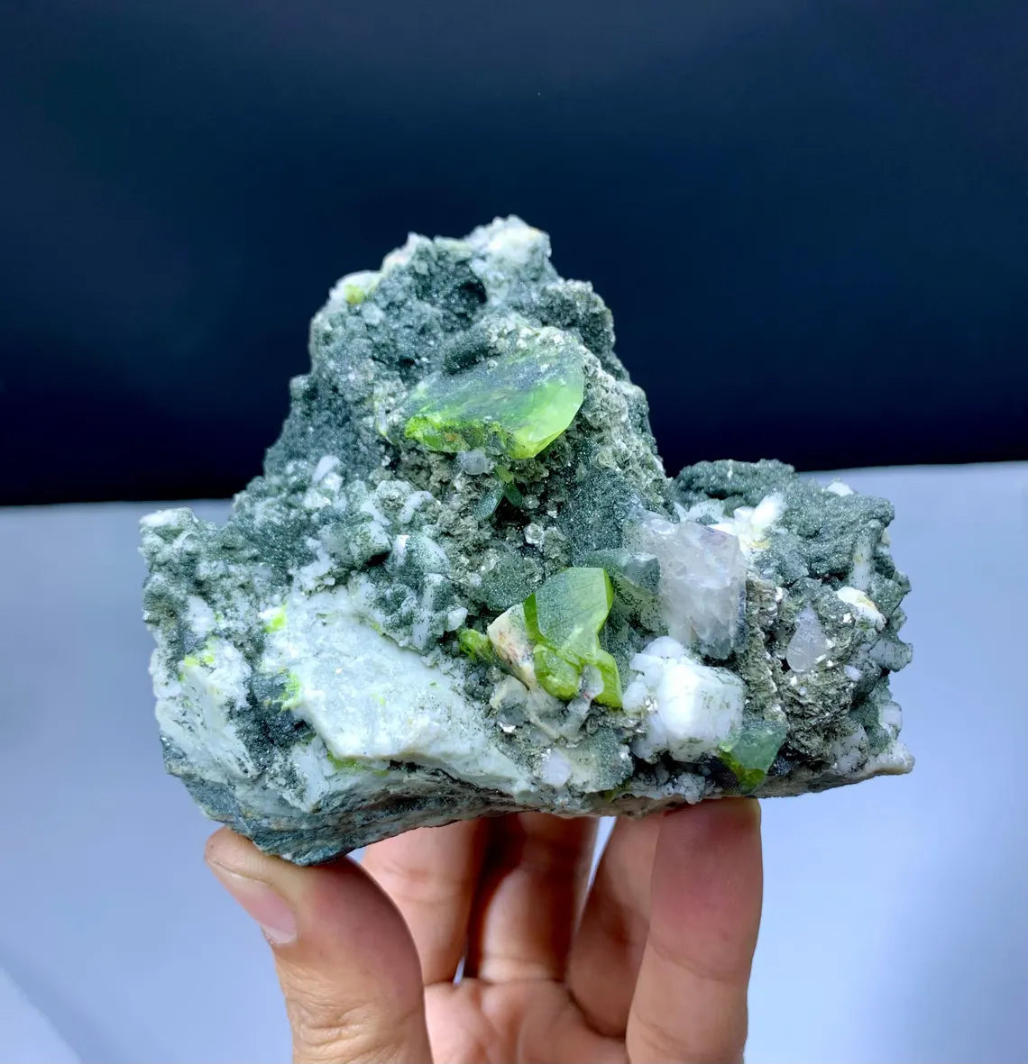 Lush Green Color Sphene Titanite with Calcite and Adularia on Matrix - 416 grams