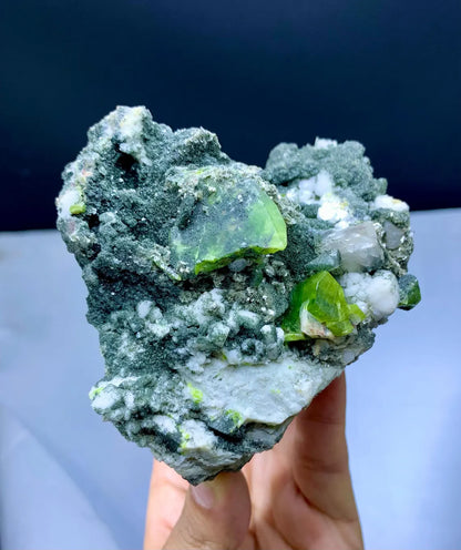 Lush Green Color Sphene Titanite with Calcite and Adularia on Matrix - 416 grams