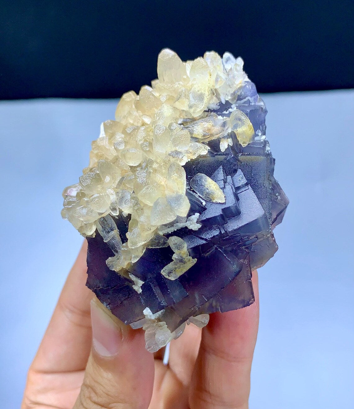 Natural Purple Blue Phantom with Calcite Cluster - 218 grams