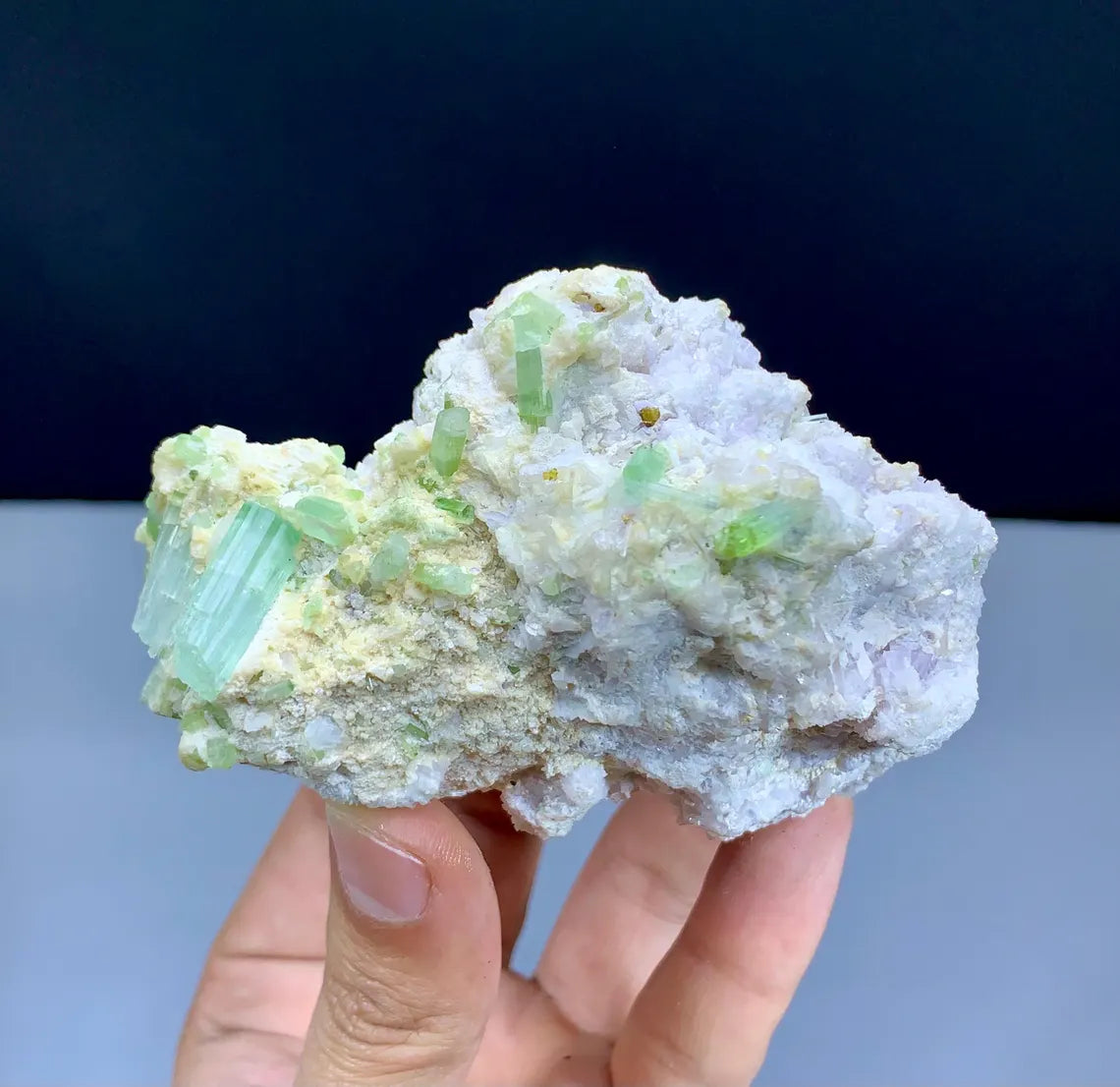 Lush Green Tourmalines on Lepidolite from Afghanistan - 327 grams