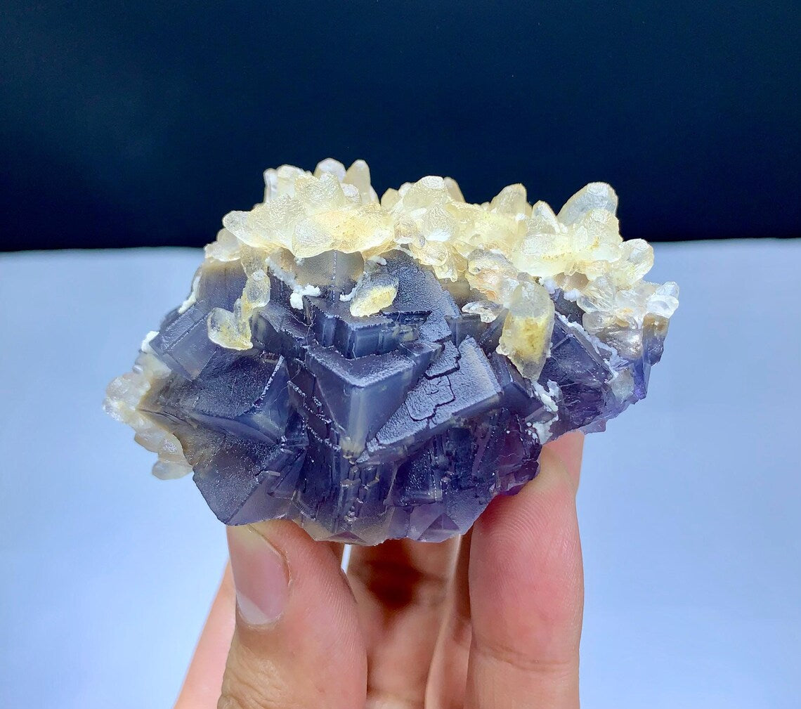 Natural Purple Blue Phantom with Calcite Cluster - 218 grams