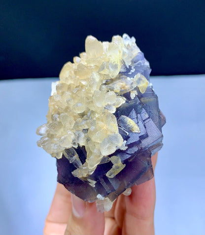 Natural Purple Blue Phantom with Calcite Cluster - 218 grams