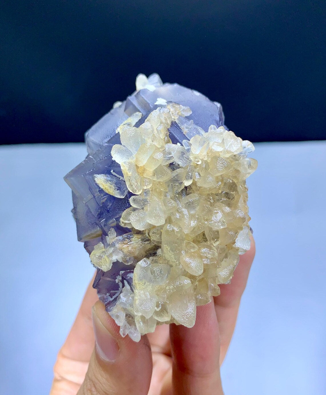 Natural Purple Blue Phantom with Calcite Cluster - 218 grams