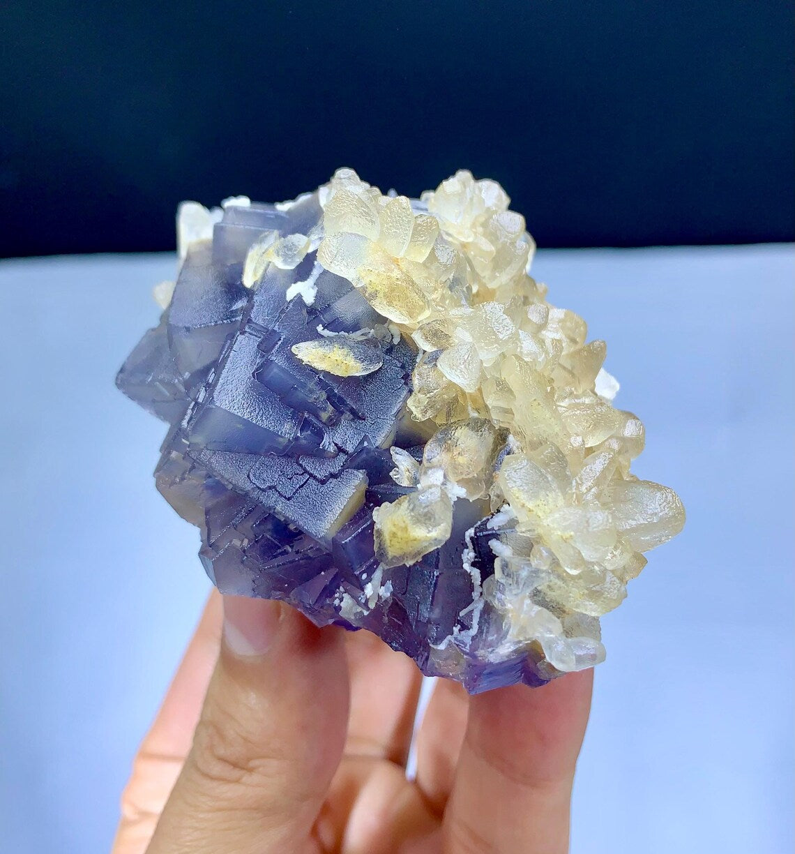 Natural Purple Blue Phantom with Calcite Cluster - 218 grams