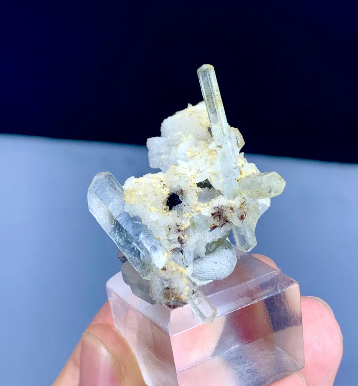Transparent Blue Aquamarine Crystals with Schorl on Albite from Pakistan - 16 gram