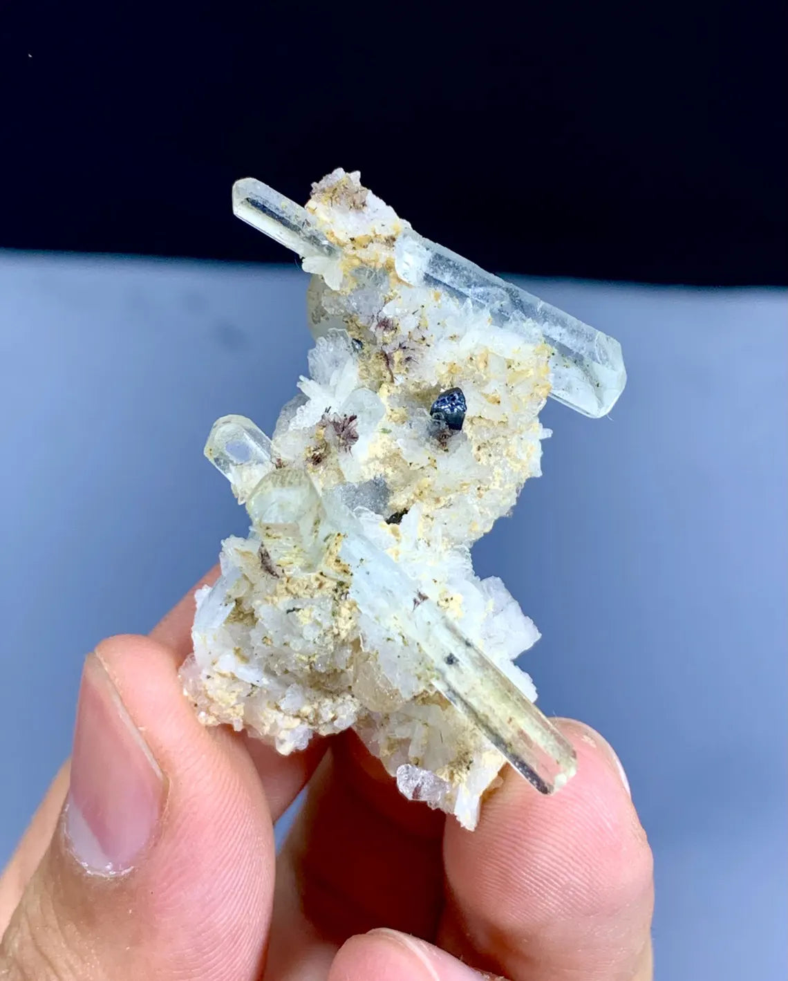 Transparent Blue Aquamarine Crystals with Schorl on Albite from Pakistan - 16 gram
