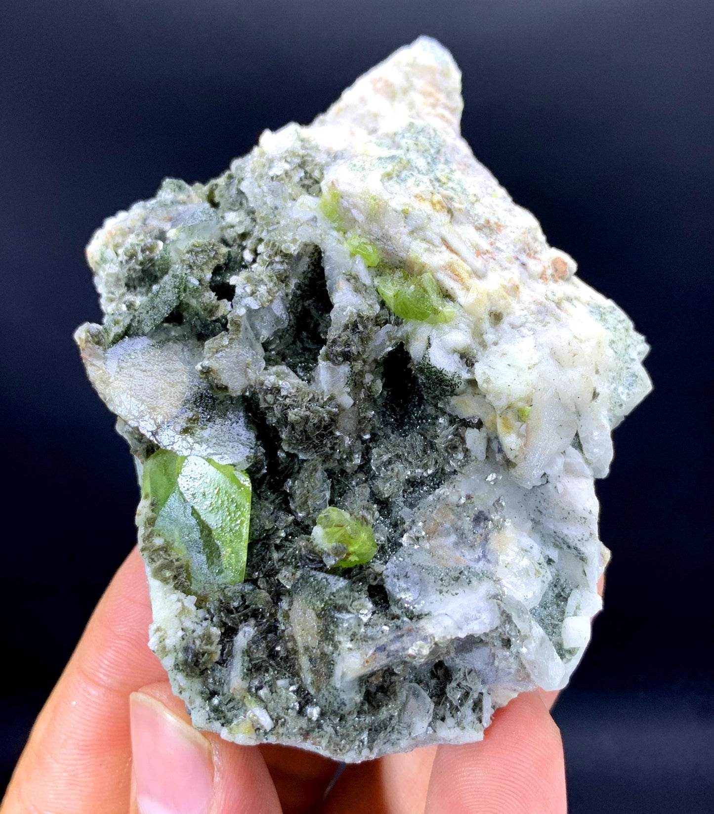 Green Titanite Sphene with Calcite on Matrix from Pakistan - 118 gram