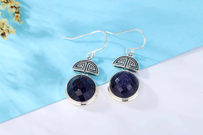 Elegant Round Created Blue Sandstone 925 Sterling Silver Dangling Earrings